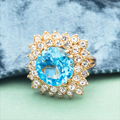 Vintage Austrian Crystal Aquamarine Statement Cocktail Ring – 18k Yellow Gold Electroplated, Made in USA jewelry image 1