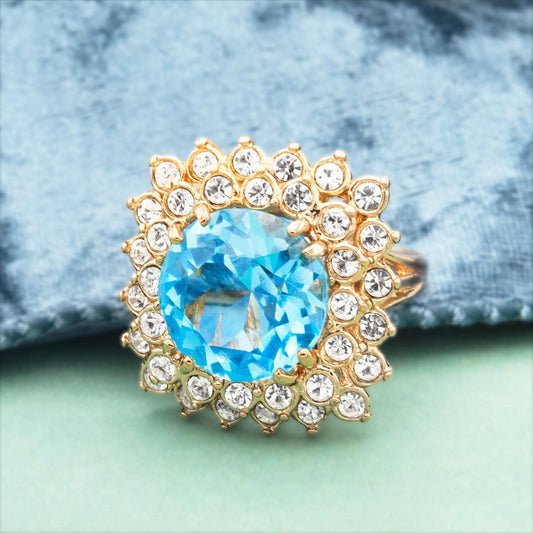 Vintage Austrian Crystal Aquamarine Statement Cocktail Ring – 18k Yellow Gold Electroplated, Made in USA jewelry image 1