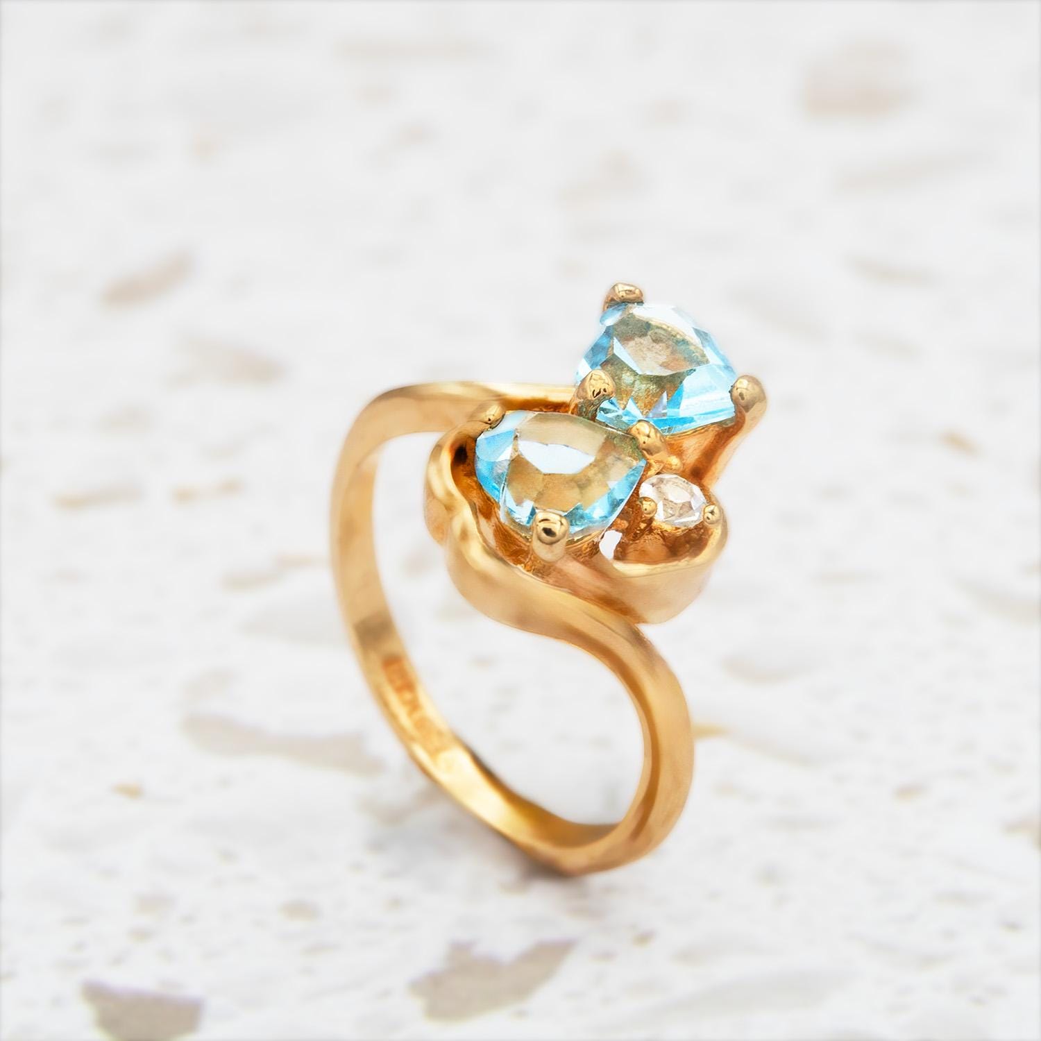 Vintage Double Heart Aquamarine Austrian Crystal Ring - 18k HGE Gold Electroplated jewelry image 1