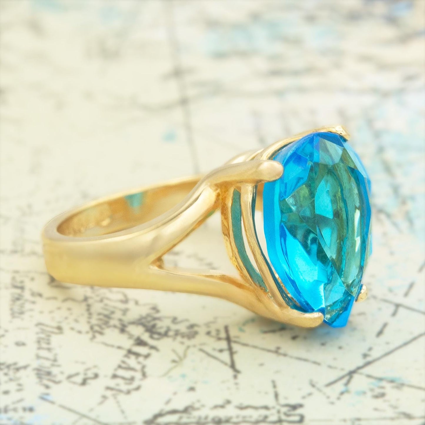 Vintage 1980s Austrian Crystal Blue Teardrop Cocktail Ring – 18k Gold Electroplated, Made in USA jewelry image 1