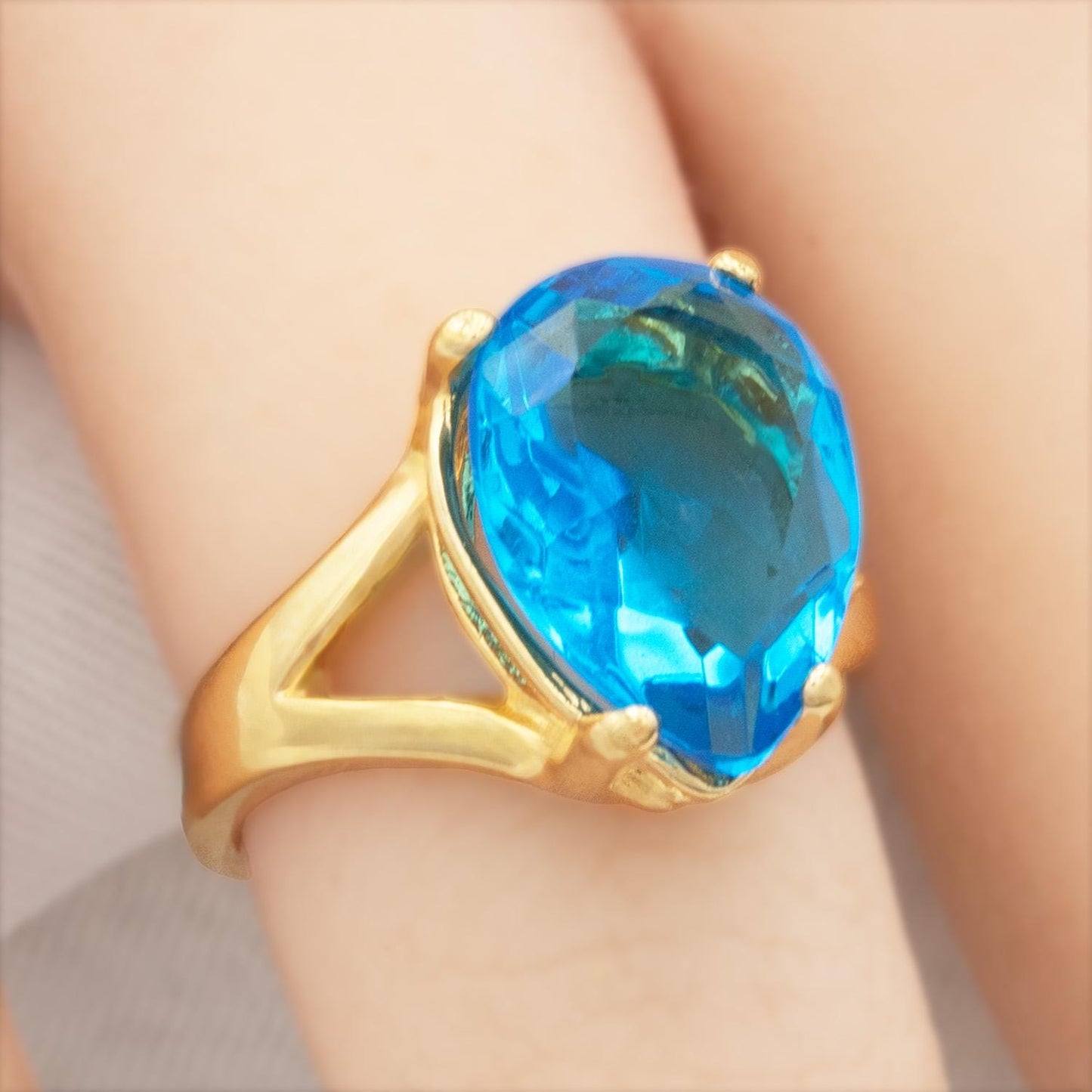 Vintage 1980s Austrian Crystal Blue Teardrop Cocktail Ring – 18k Gold Electroplated, Made in USA jewelry image 1