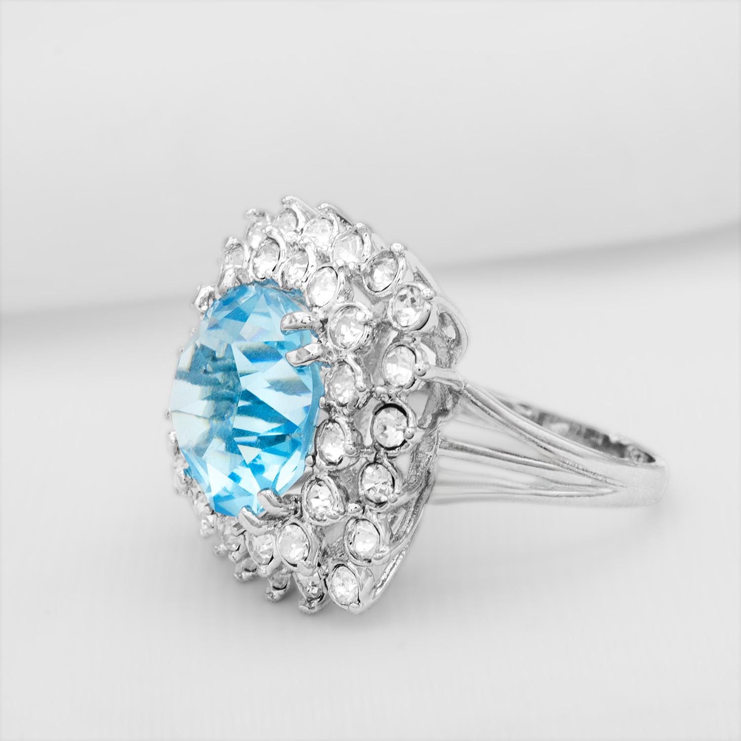 Vintage Austrian Crystal Aquamarine Cocktail Ring – 18k White Gold Electroplated, Made in USA jewelry image 1