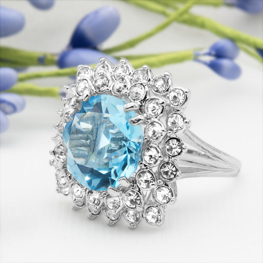 Vintage Austrian Crystal Aquamarine Cocktail Ring – 18k White Gold Electroplated, Made in USA jewelry image 1