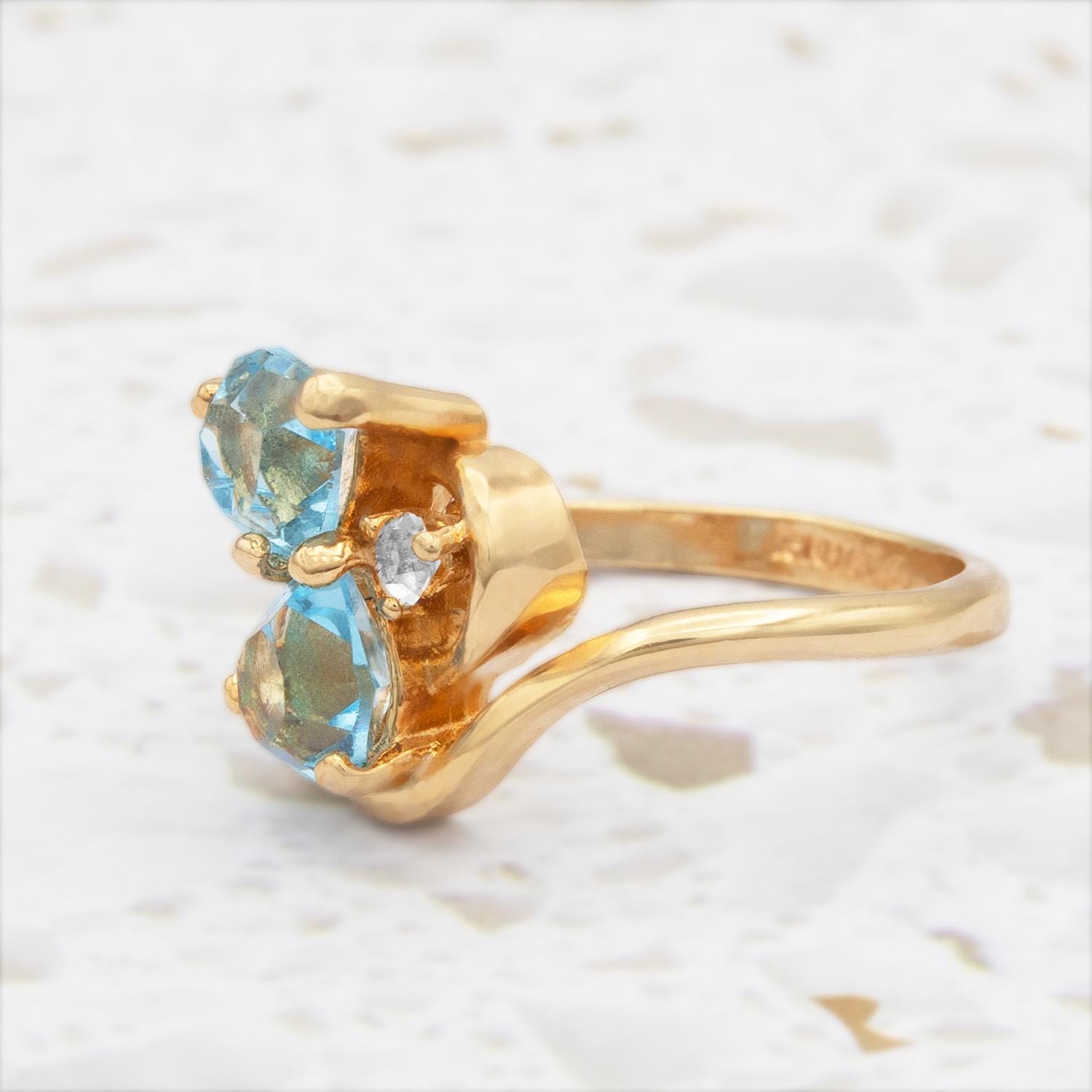 Vintage Double Heart Aquamarine Austrian Crystal Ring - 18k HGE Gold Electroplated jewelry image 1