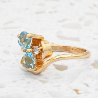Vintage Double Heart Aquamarine Austrian Crystal Ring - 18k HGE Gold Electroplated jewelry image 1