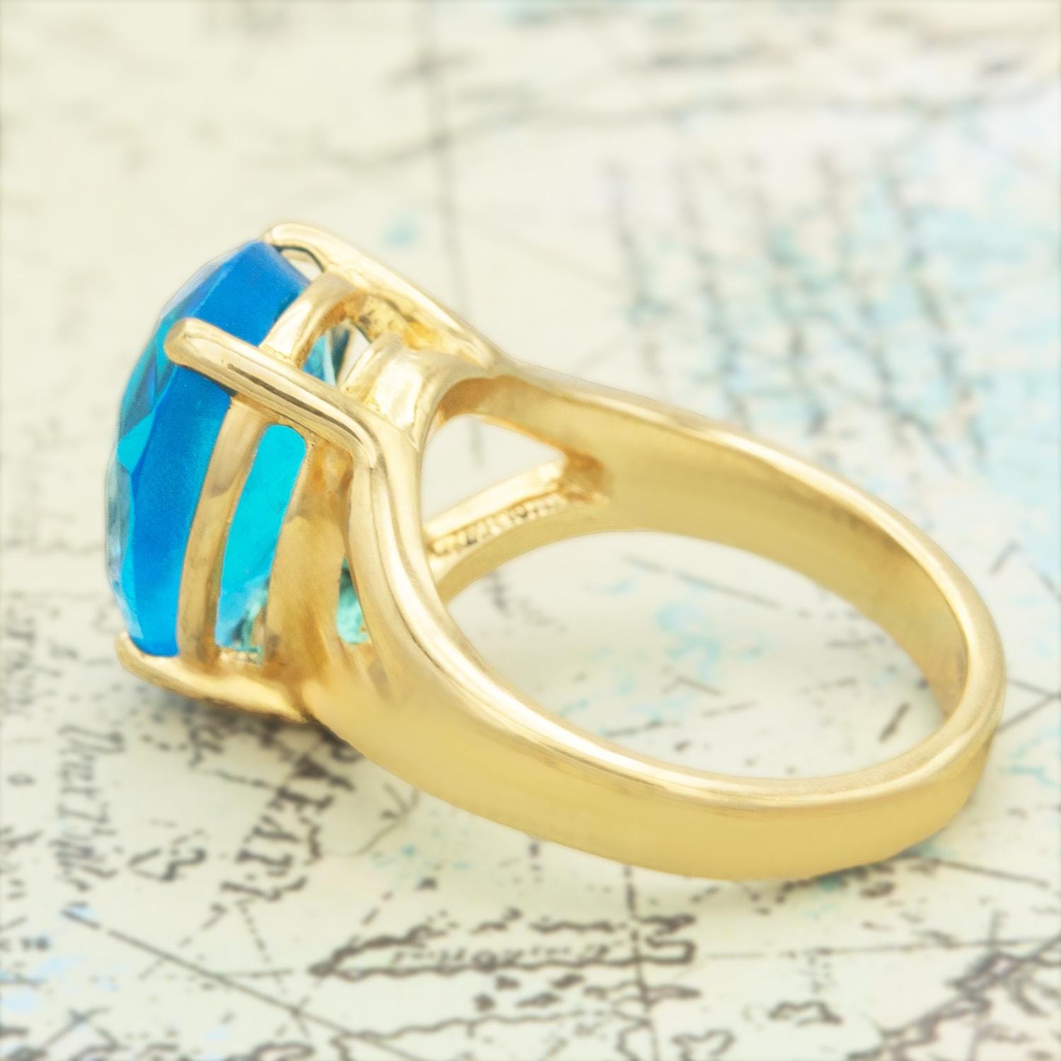 Vintage 1980s Austrian Crystal Blue Teardrop Cocktail Ring – 18k Gold Electroplated, Made in USA jewelry image 1