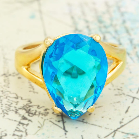 Vintage 1980s Austrian Crystal Blue Teardrop Cocktail Ring – 18k Gold Electroplated, Made in USA jewelry image 1