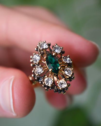 Vintage Emerald Green and Clear Austrian Crystal Ring – 18kt Antiqued Gold Electroplated jewelry image 1