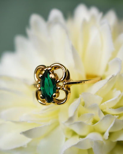 Vintage Marquise Cut Emerald Austrian Crystal Ring - 18k Yellow Gold Electroplated - Made in USA jewelry image 1