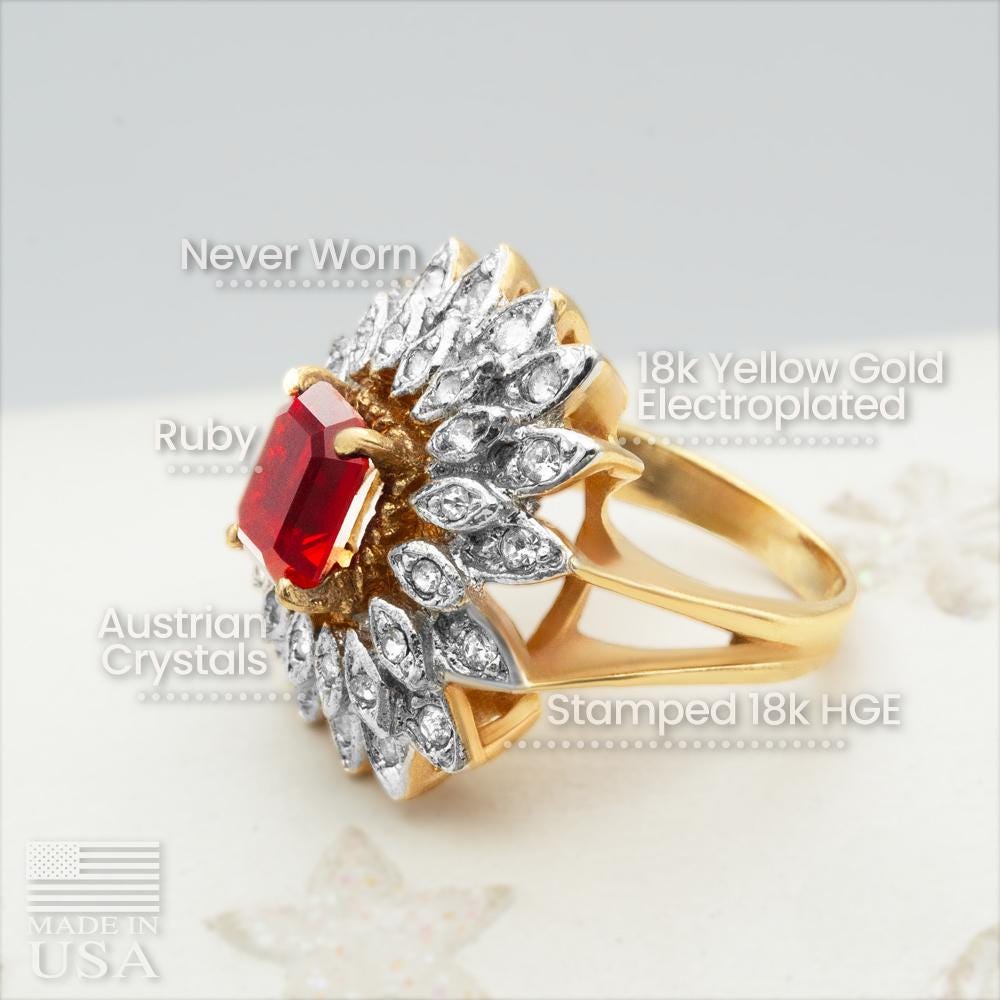 Vintage 1970s Emerald Cut Ruby Red Crystal Cocktail Ring - 18k Gold Electroplated Two-Tone with Clear Austrian Crystals jewelry image 1