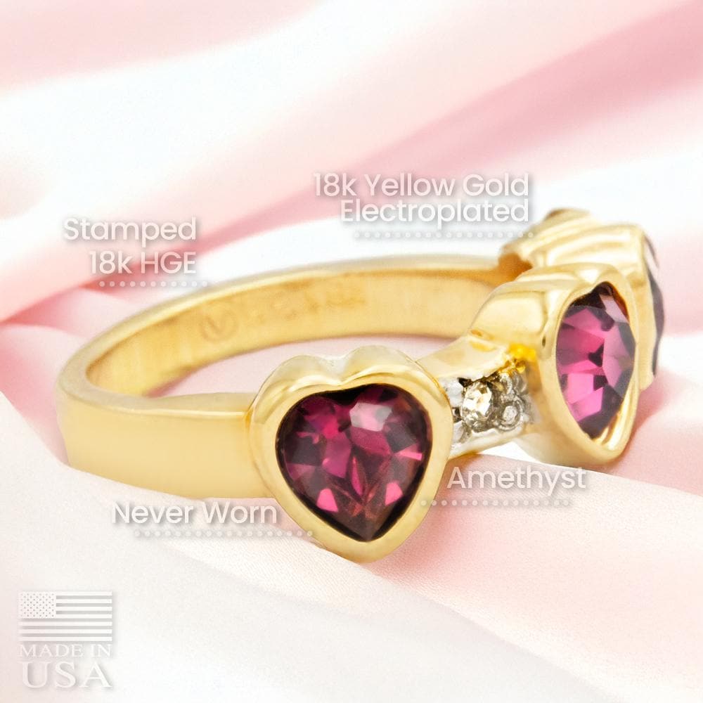 Vintage Triple Heart Amethyst Austrian Crystal Ring - 18k Gold Electroplated jewelry image 1