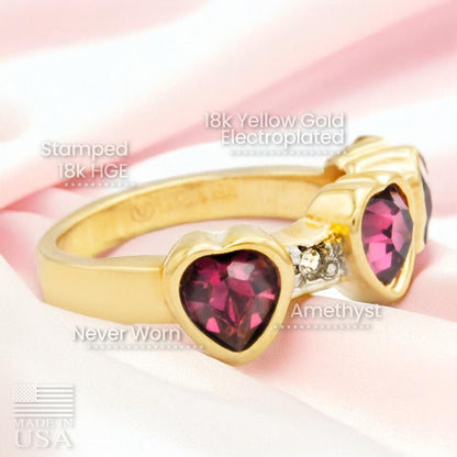Vintage Triple Heart Amethyst Austrian Crystal Ring - 18k Gold Electroplated jewelry image 1
