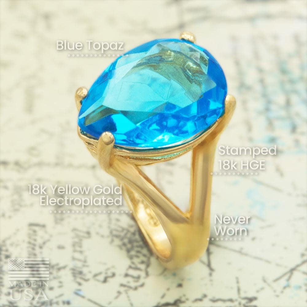 Vintage 1980s Austrian Crystal Blue Teardrop Cocktail Ring – 18k Gold Electroplated, Made in USA jewelry image 1
