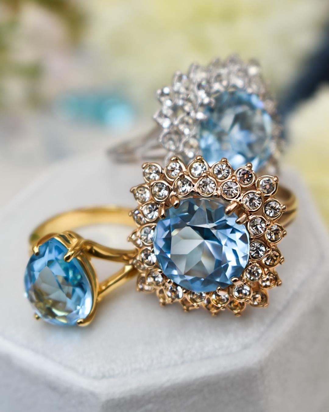 Vintage Austrian Crystal Aquamarine Statement Cocktail Ring – 18k Yellow Gold Electroplated, Made in USA jewelry image 1