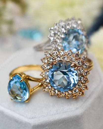 Vintage Austrian Crystal Aquamarine Statement Cocktail Ring – 18k Yellow Gold Electroplated, Made in USA jewelry image 1