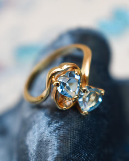 Vintage Double Heart Aquamarine Austrian Crystal Ring - 18k HGE Gold Electroplated jewelry image 1