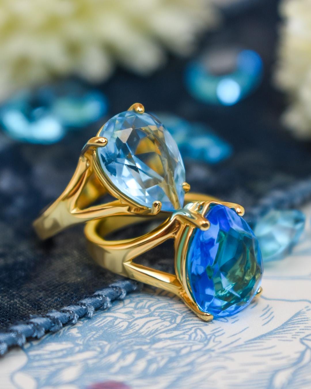 Vintage 1980s Austrian Crystal Blue Teardrop Cocktail Ring – 18k Gold Electroplated, Made in USA jewelry image 1