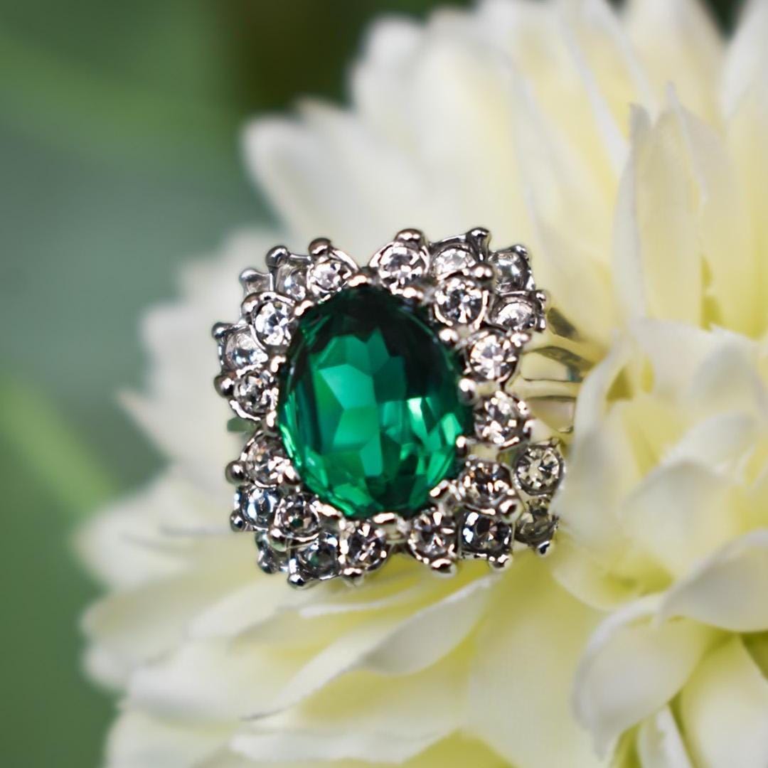 Vintage Emerald and Clear Crystal Cocktail Ring - 18kt White Gold Electroplate - Made in USA jewelry image 1