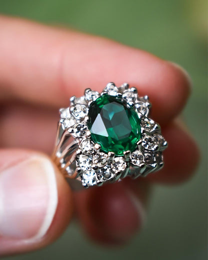 Vintage Emerald and Clear Crystal Cocktail Ring - 18kt White Gold Electroplate - Made in USA jewelry image 1