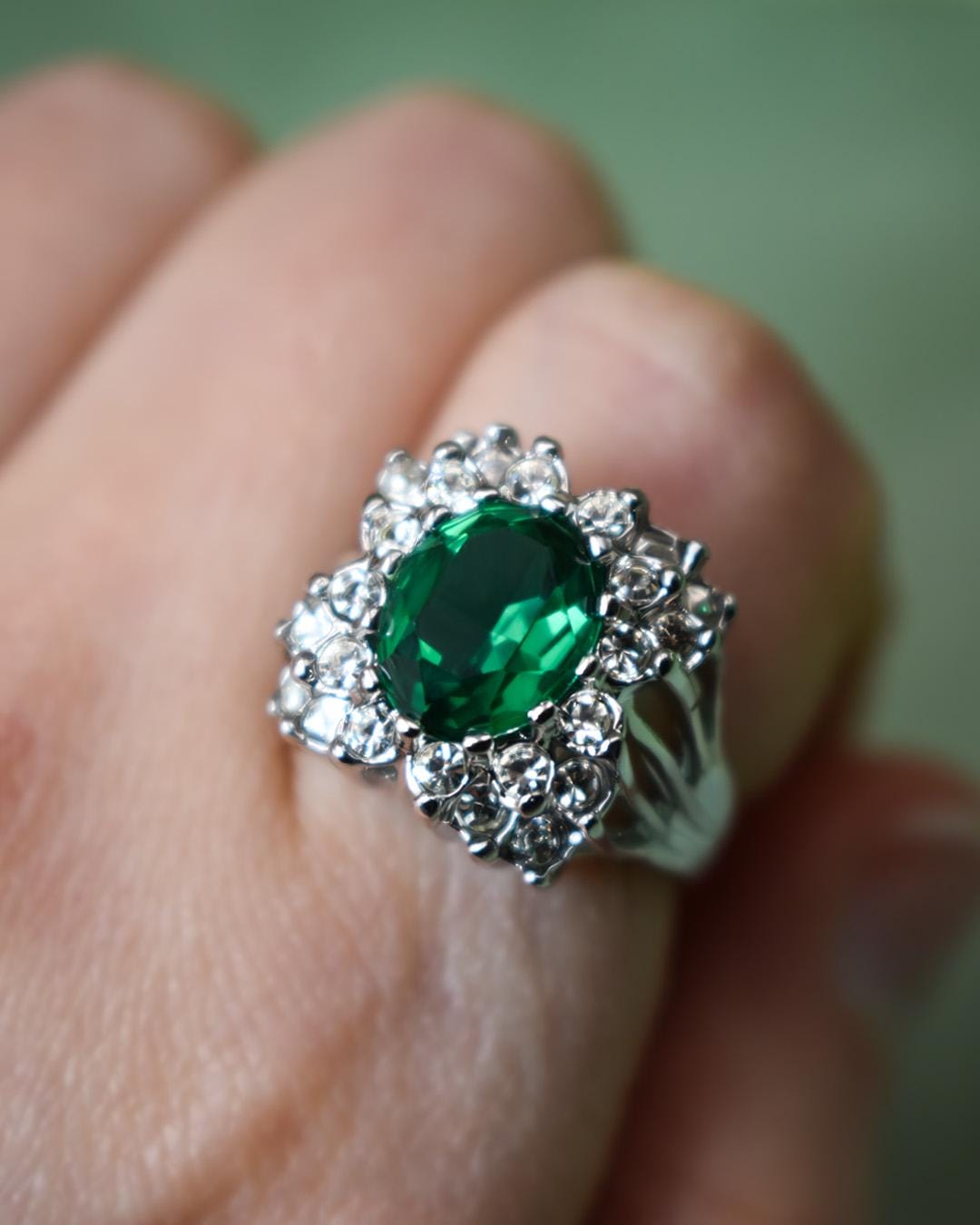 Vintage Emerald and Clear Crystal Cocktail Ring - 18kt White Gold Electroplate - Made in USA jewelry image 1