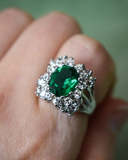 Vintage Emerald and Clear Crystal Cocktail Ring - 18kt White Gold Electroplate - Made in USA jewelry image 1