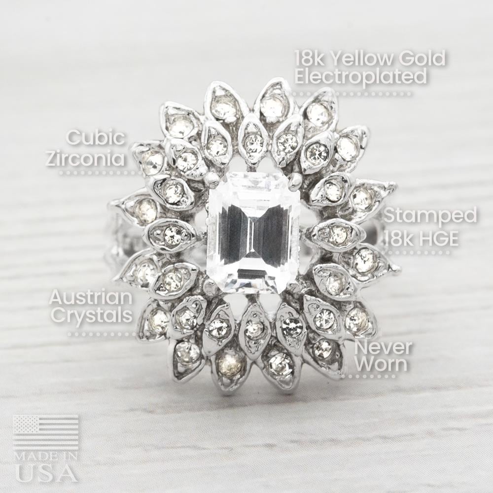 Vintage 1970s Emerald Cut Crystal Cocktail Ring - 18k Gold Electroplated with Clear Austrian Crystals jewelry image 1