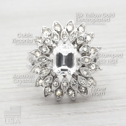 Vintage 1970s Emerald Cut Crystal Cocktail Ring - 18k Gold Electroplated with Clear Austrian Crystals jewelry image 1