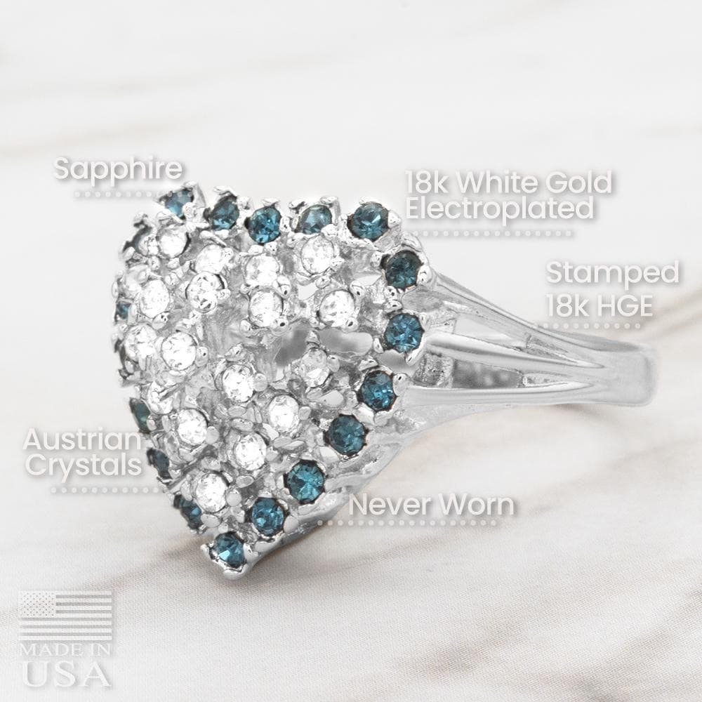 Vintage 1980s Austrian Crystal Heart Ring - 18kt Gold Electroplated - Sapphire Blue and Clear Crystals jewelry image 1