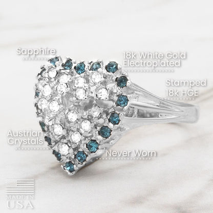 Vintage 1980s Austrian Crystal Heart Ring - 18kt Gold Electroplated - Sapphire Blue and Clear Crystals jewelry image 1