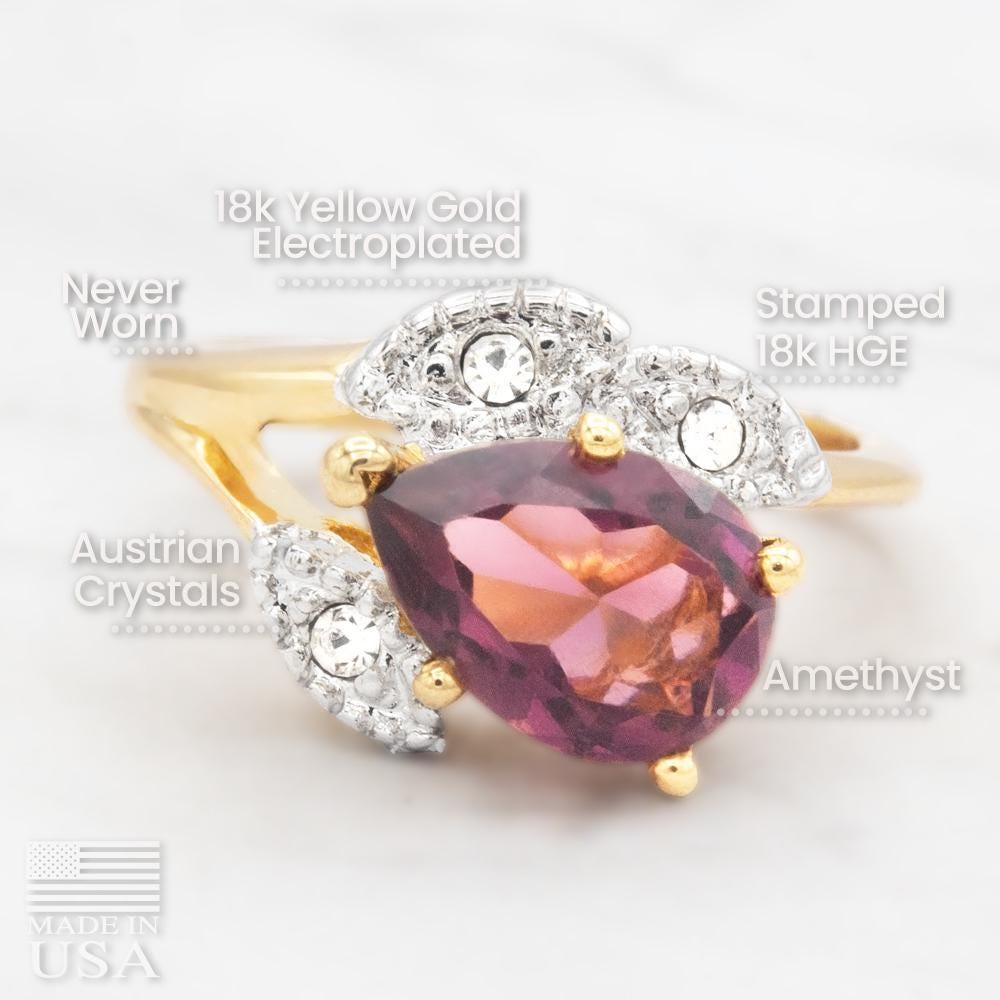 Vintage Amethyst Austrian Crystal Pear Cut Ring - 18k Gold Electroplated with Clear Crystal Accents jewelry image 1