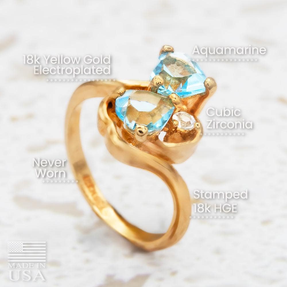 Vintage Double Heart Aquamarine Austrian Crystal Ring - 18k HGE Gold Electroplated jewelry image 1