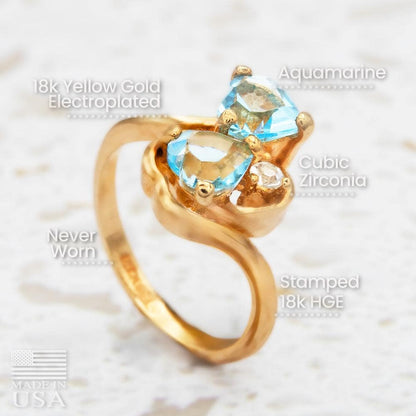 Vintage Double Heart Aquamarine Austrian Crystal Ring - 18k HGE Gold Electroplated jewelry image 1