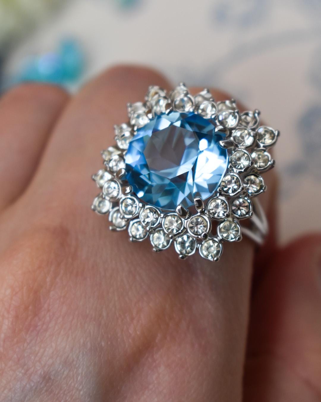 Vintage Austrian Crystal Aquamarine Cocktail Ring – 18k White Gold Electroplated, Made in USA jewelry image 1