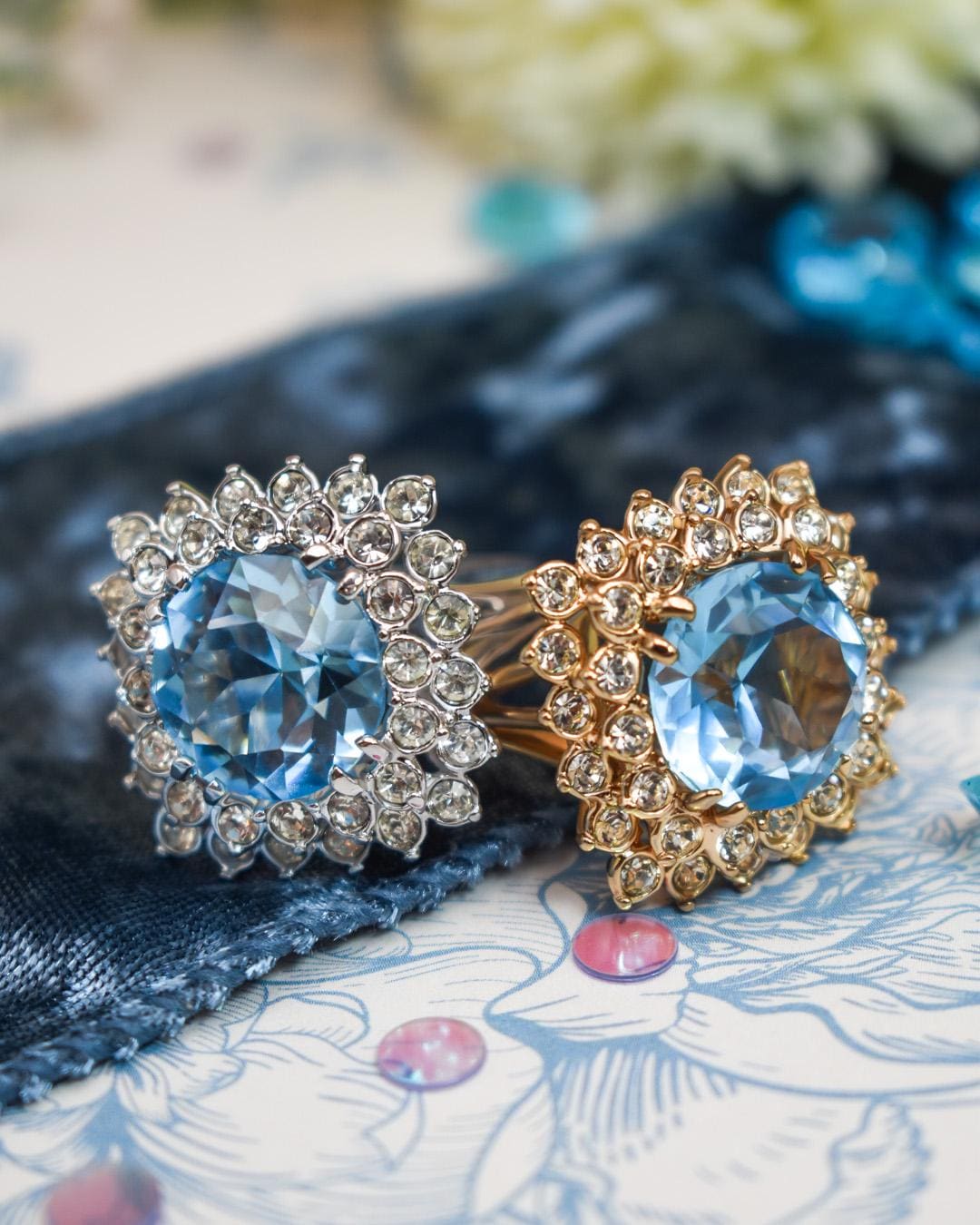 Vintage Austrian Crystal Aquamarine Cocktail Ring – 18k White Gold Electroplated, Made in USA jewelry image 1