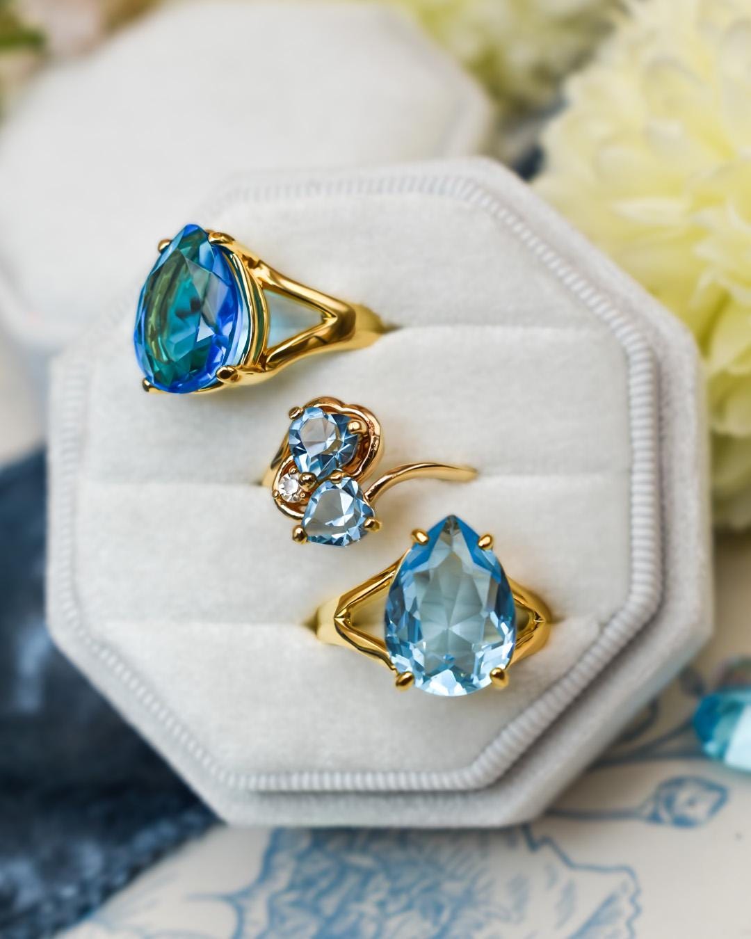 Vintage 1980s Austrian Crystal Blue Teardrop Cocktail Ring – 18k Gold Electroplated, Made in USA jewelry image 1