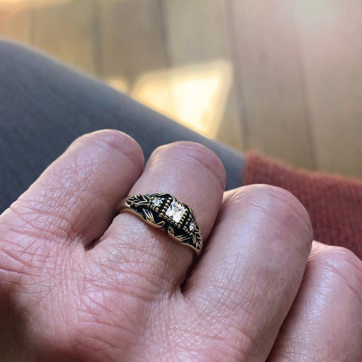 Vintage Edwardian Style Filigree Ring with Clear Austrian Crystals – Antiqued 18k White Gold Electroplated jewelry image 1