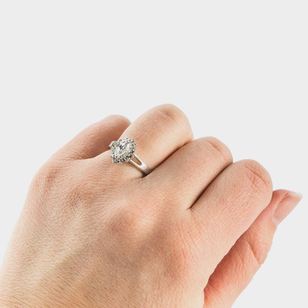 Vintage 1980s Clear Austrian Crystal Marquise Ring - 18kt White Gold Electroplated - Made in USA jewelry image 1