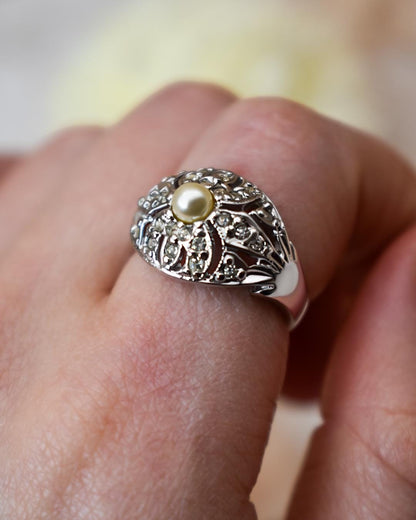 Vintage 1970s Edwardian Style Princess Ring – 18k White Gold Electroplated with Austrian Crystals and Glass Pearl jewelry image 1