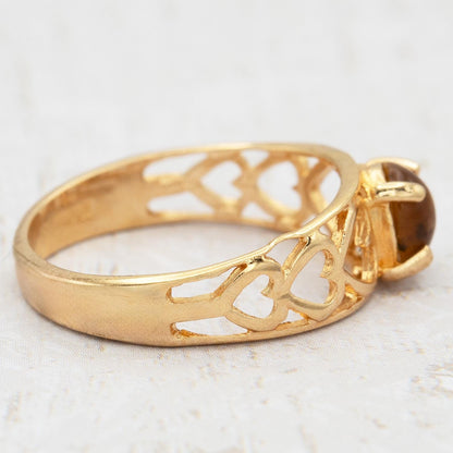 Vintage 18k Gold Electroplated Heart Cutout Band Ring with Genuine Tiger Eye jewelry image 1