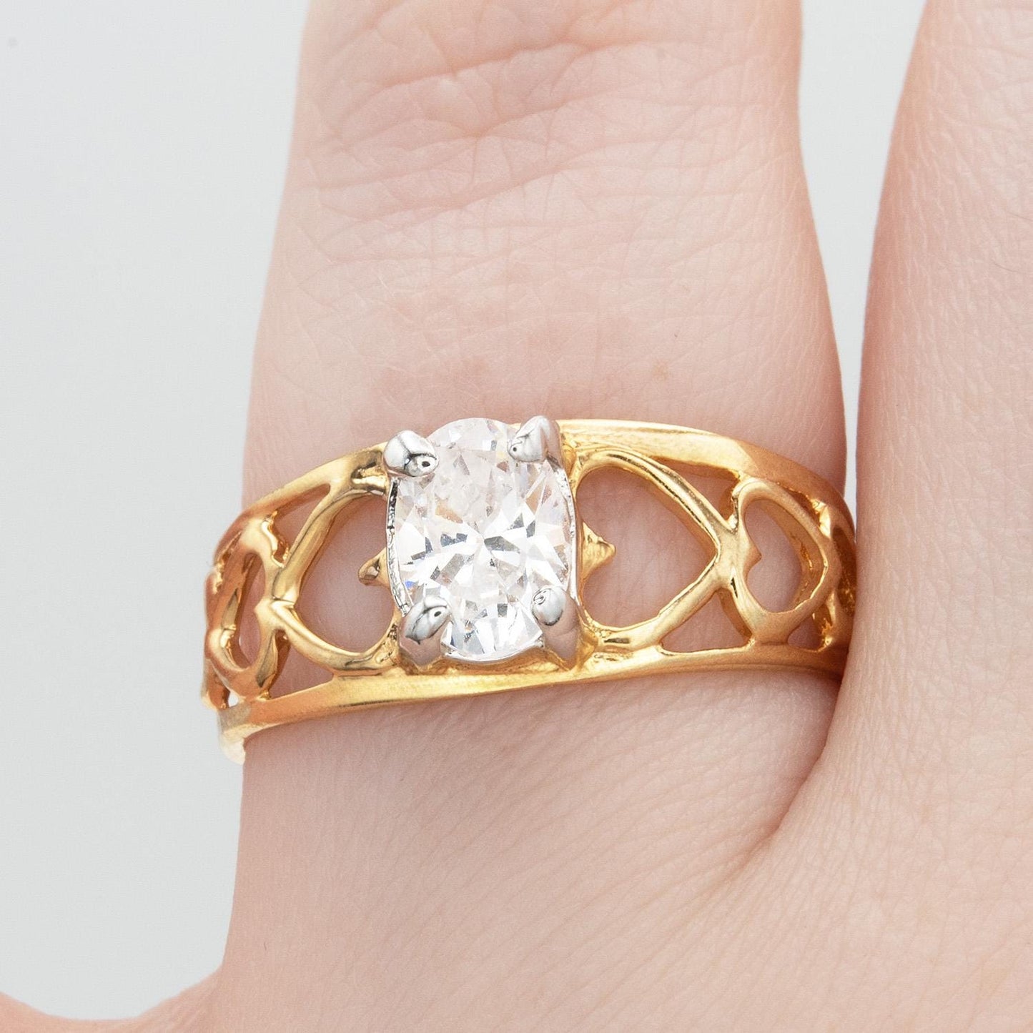 Vintage 18k Gold Electroplated Heart Cutout Band Ring with Oval Cubic Zirconia – Made in Providence, RI jewelry image 1