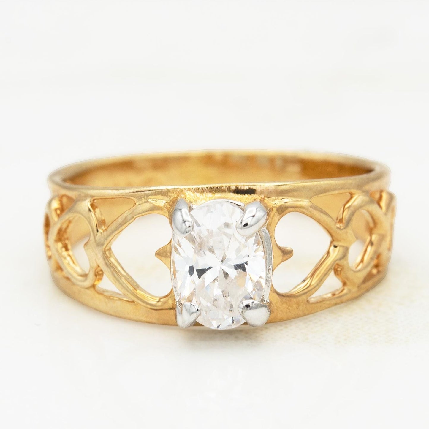 Vintage 18k Gold Electroplated Heart Cutout Band Ring with Oval Cubic Zirconia – Made in Providence, RI jewelry image 1
