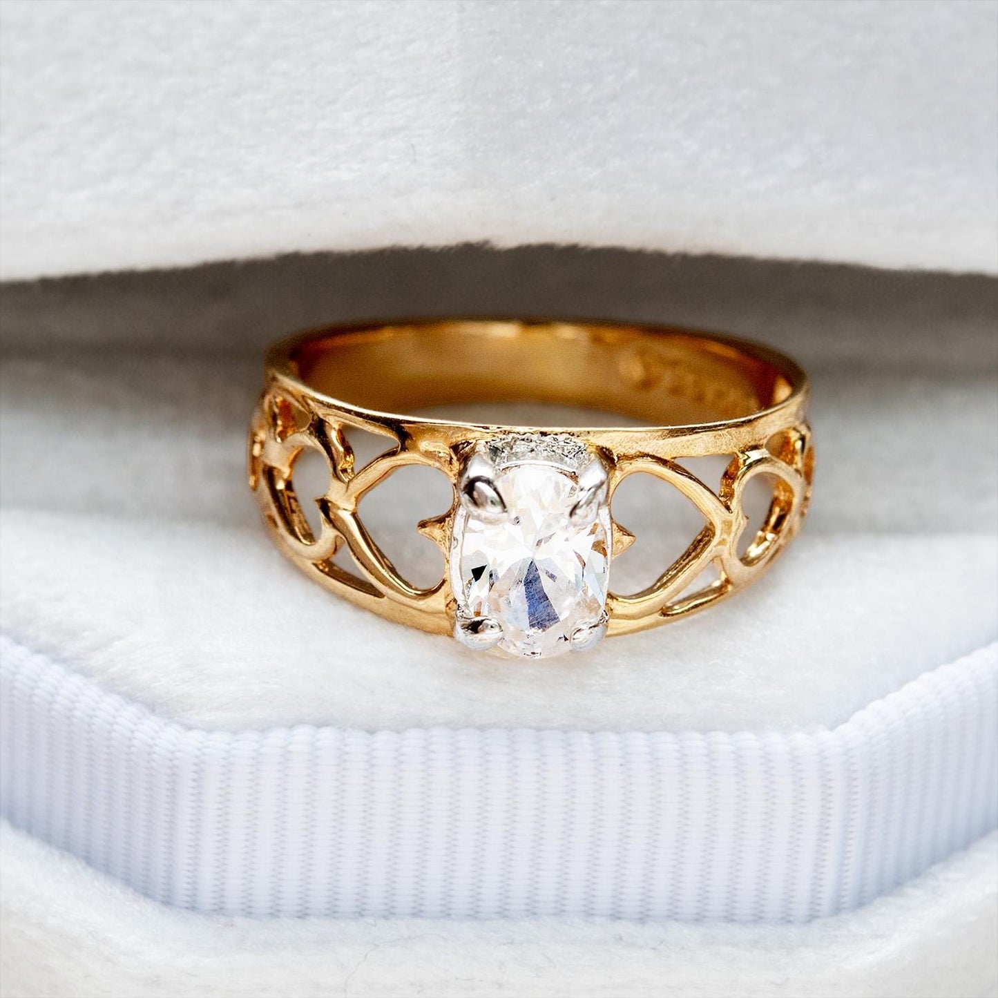 Vintage 18k Gold Electroplated Heart Cutout Band Ring with Oval Cubic Zirconia – Made in Providence, RI jewelry image 1