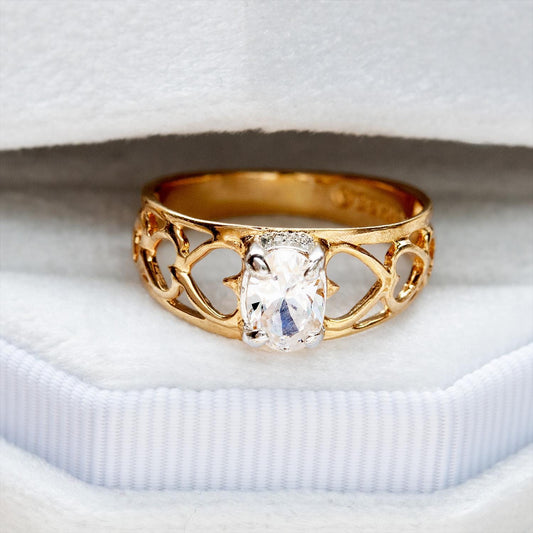 Vintage 18k Gold Electroplated Heart Cutout Band Ring with Oval Cubic Zirconia – Made in Providence, RI jewelry image 1