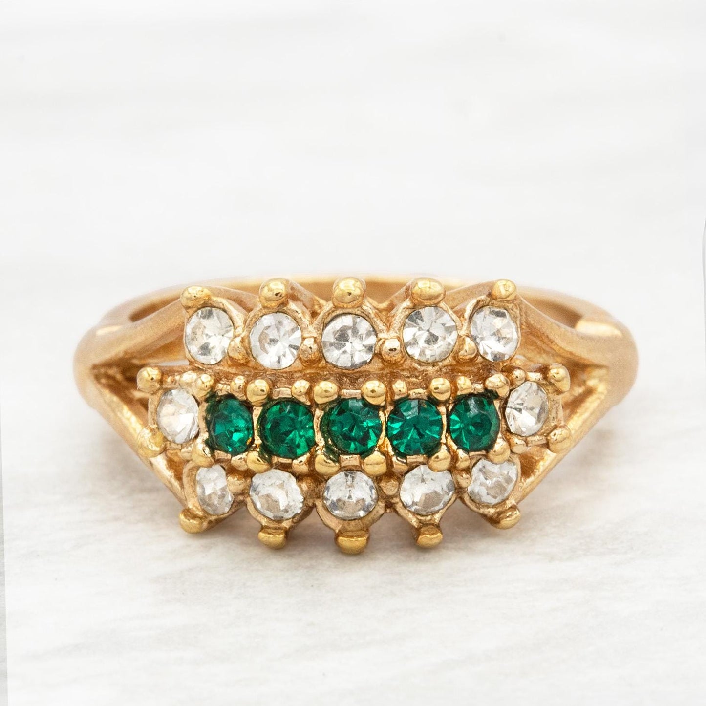 Vintage Austrian Crystal Cocktail Ring - Emerald Green & Clear Crystals - 18k Gold Electroplated jewelry image 1