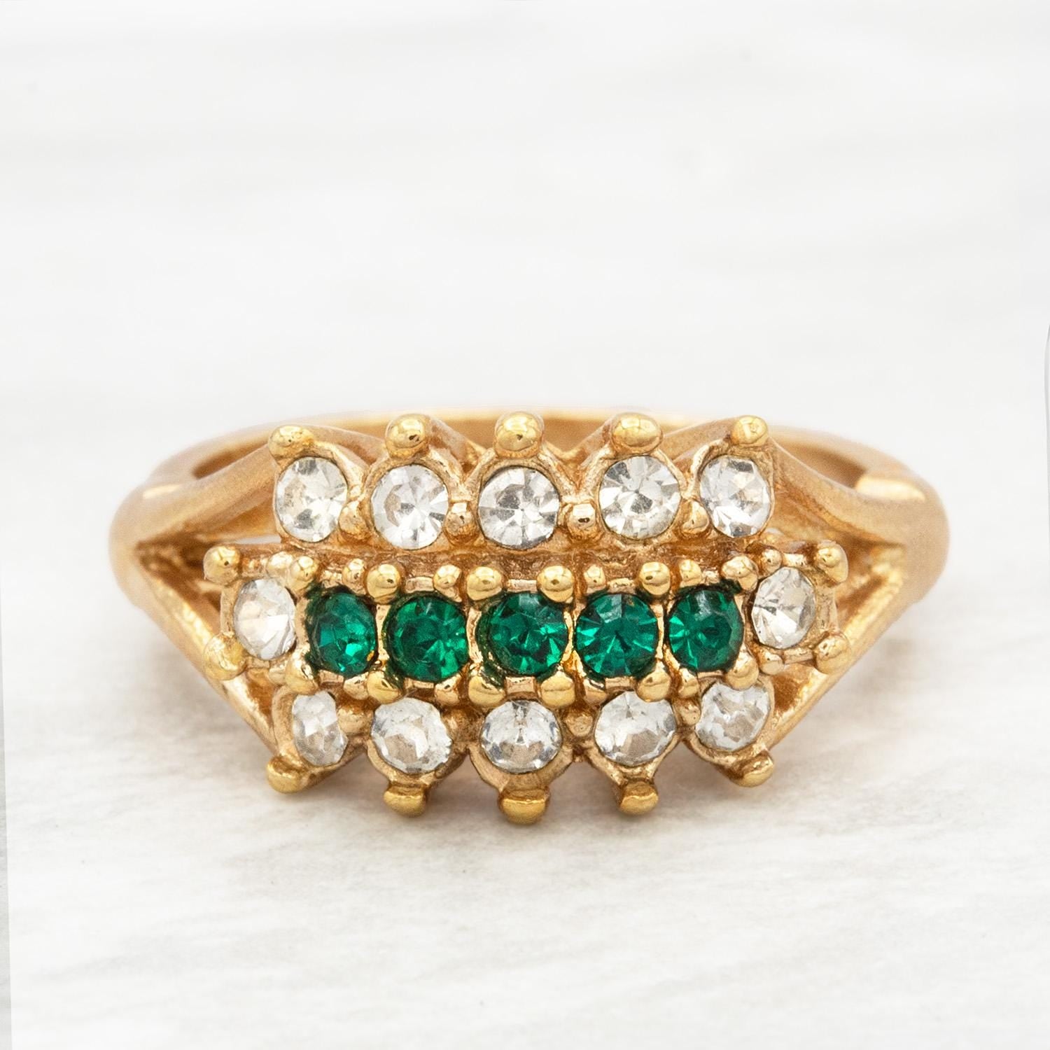 Vintage Austrian Crystal Cocktail Ring - Emerald Green & Clear Crystals - 18k Gold Electroplated jewelry image 1