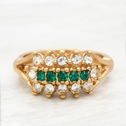Vintage Austrian Crystal Cocktail Ring - Emerald Green & Clear Crystals - 18k Gold Electroplated jewelry image 1