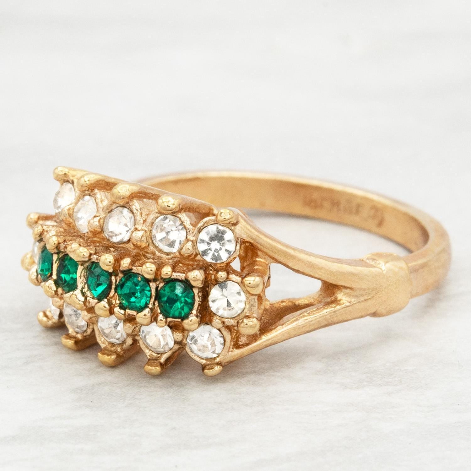 Vintage Austrian Crystal Cocktail Ring - Emerald Green & Clear Crystals - 18k Gold Electroplated jewelry image 1