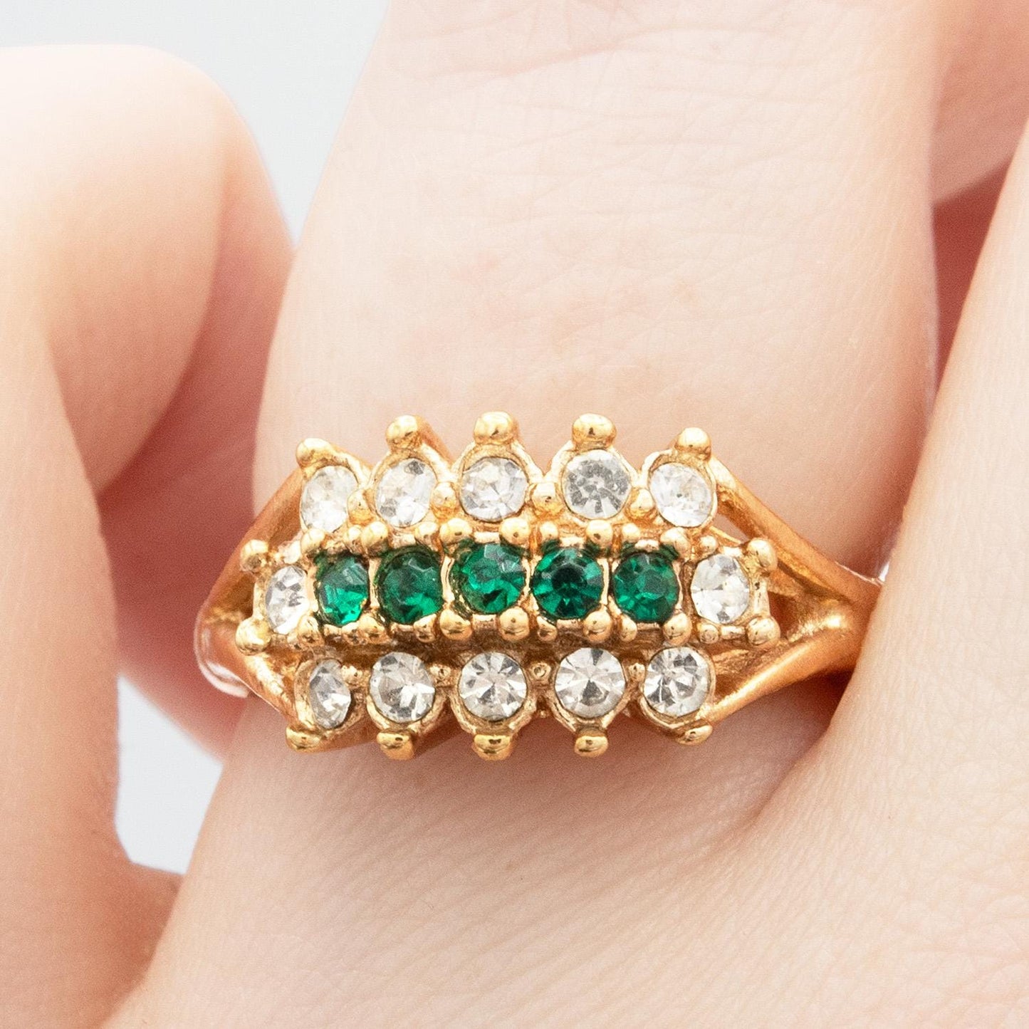 Vintage Austrian Crystal Cocktail Ring - Emerald Green & Clear Crystals - 18k Gold Electroplated jewelry image 1