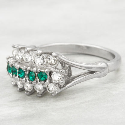 Vintage Austrian Crystal Cocktail Ring - Emerald Green & Clear Crystals - 18k White Gold Electroplated jewelry image 1