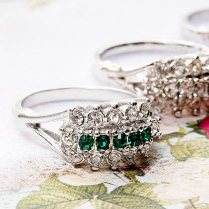 Vintage Austrian Crystal Cocktail Ring - Emerald Green & Clear Crystals - 18k White Gold Electroplated jewelry image 1